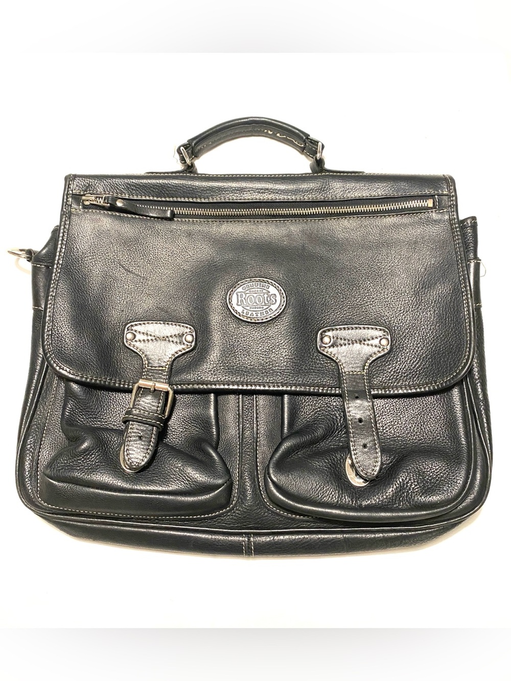 Roots Vintage Leather Messenger Satchel Bag Black Made in Canada Repair